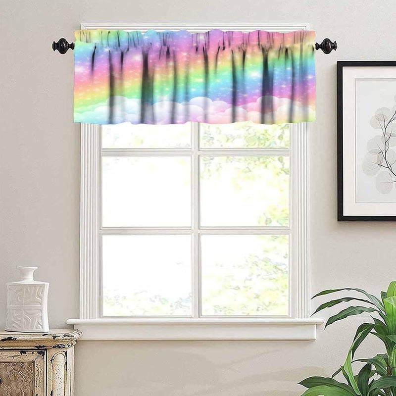 AAVEUP Rainbow Clouds Valance Curtain Fantasy Pink Starry Night Clouds Colourful Art Window Treatment Valances Curtains for Kids Room Bedroom Living Room 54x18In - Image 4